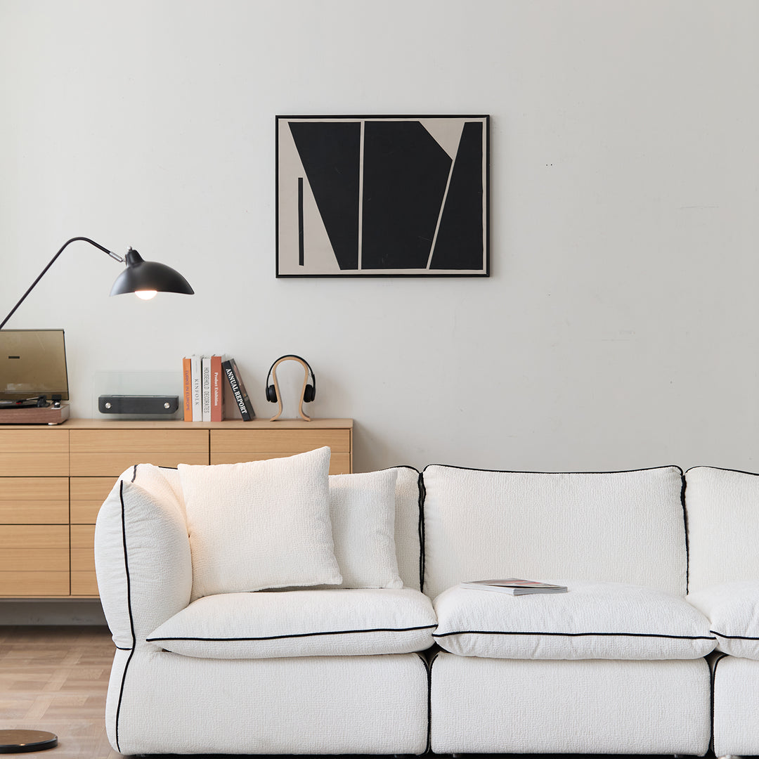 Minimalist chenille velvet fabric 4 seater sofa cloud color swatches.