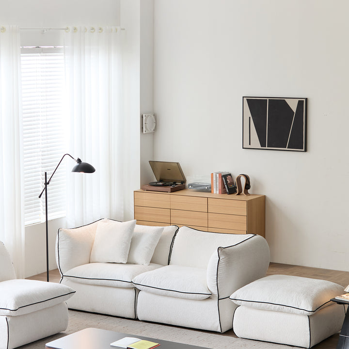 Minimalist chenille velvet fabric ottoman cloud color swatches.