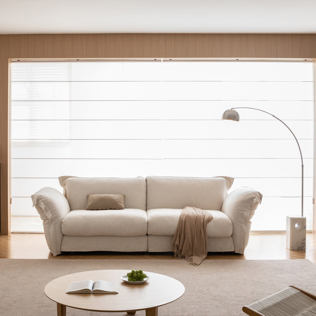 Minimalist cotton fabric 3 seater sofa blair in close up details.