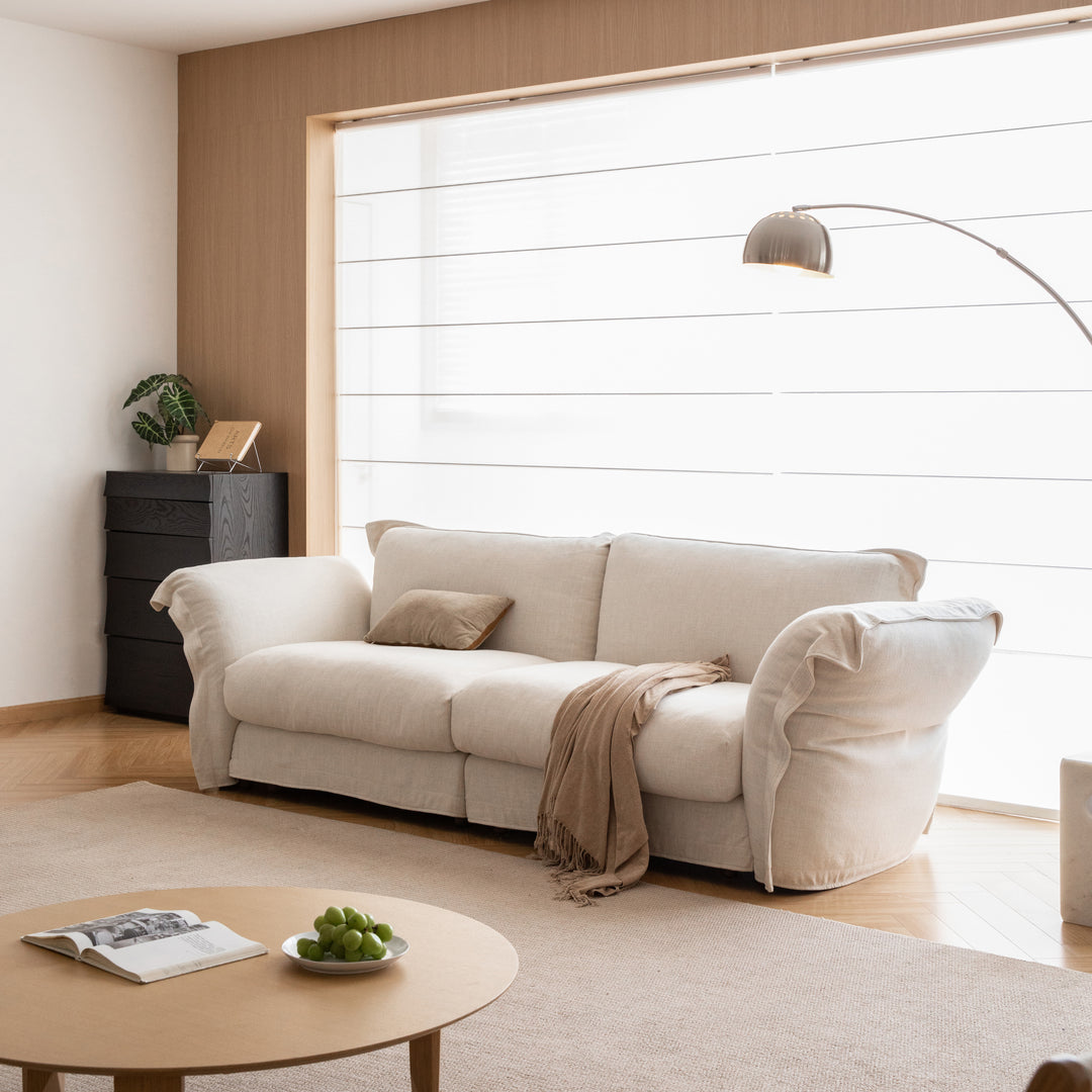 Minimalist cotton fabric 3 seater sofa blair in panoramic view.