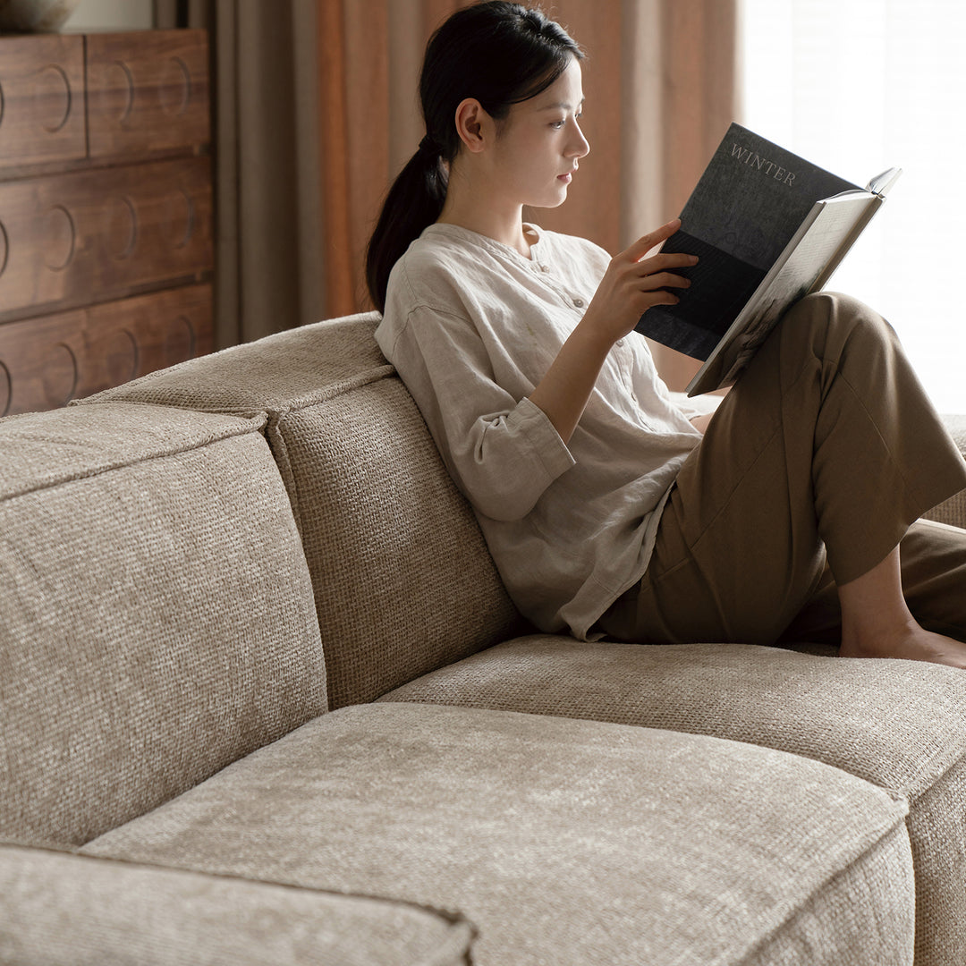 Minimalist linen fabric 3 seater sofa camaleonda with context.