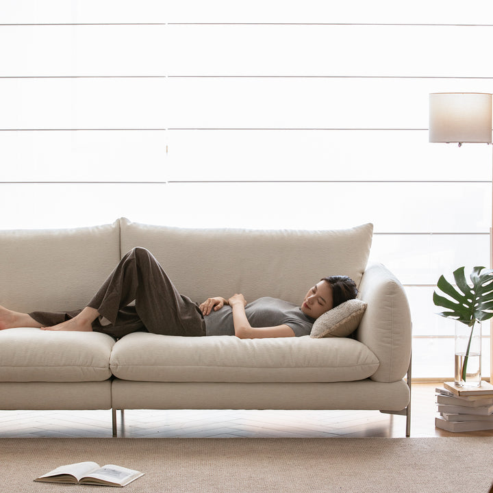 Minimalist cotton fabric 3 seater sofa como material variants.