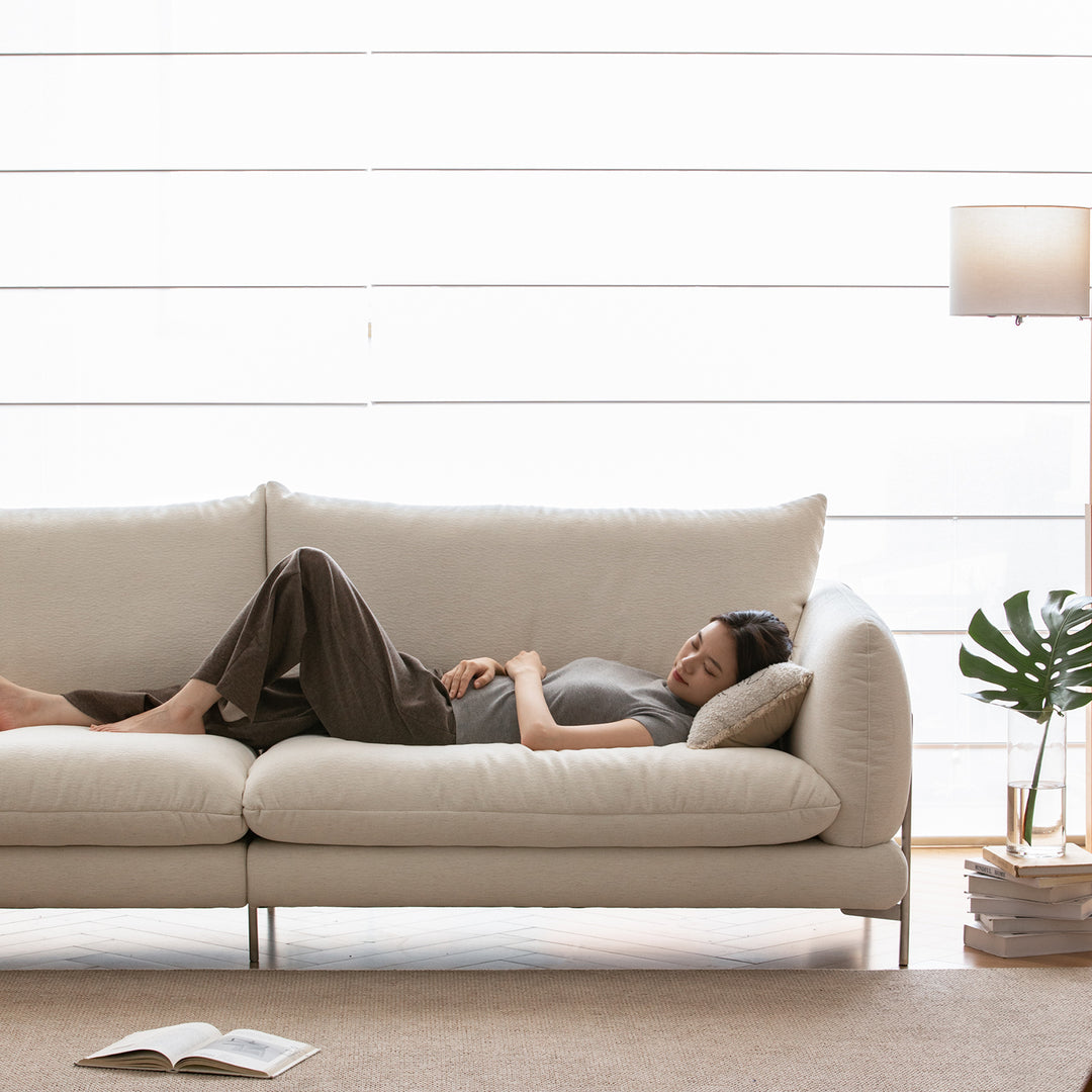 Minimalist cotton fabric 4 seater sofa como material variants.