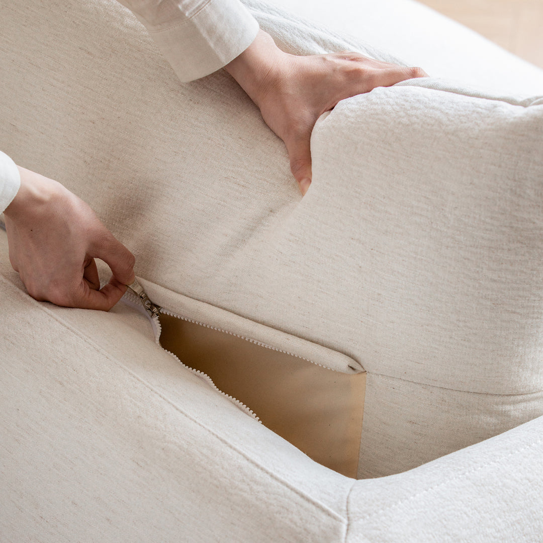 Minimalist cotton fabric 4 seater sofa como in panoramic view.