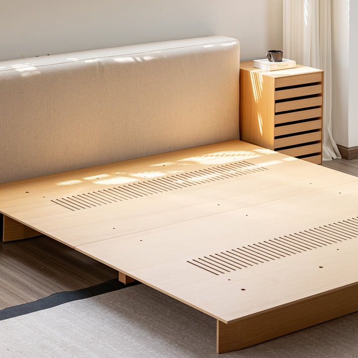 Minimalist cotton fabric ash wood veneer floating bed winter primary product view.