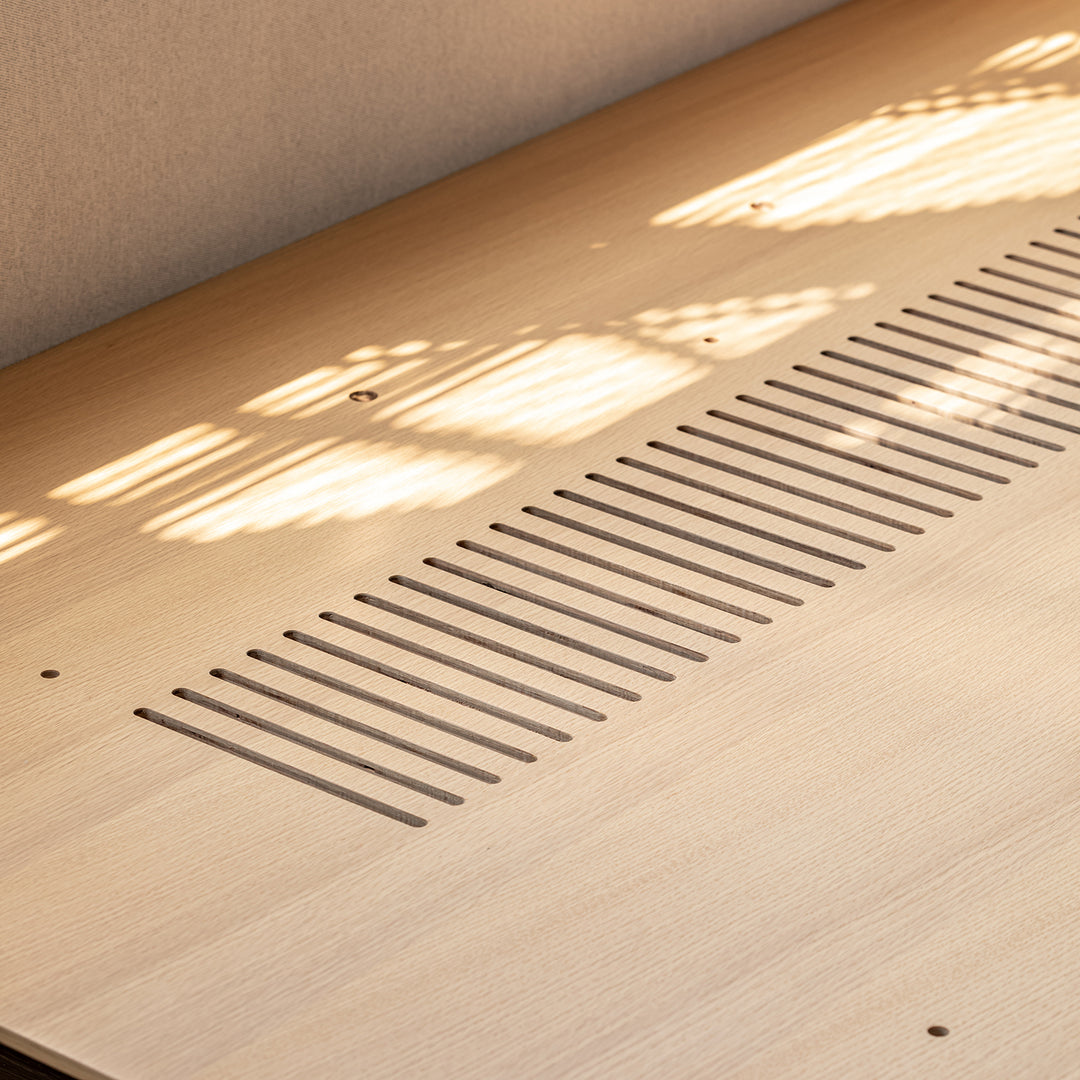 Minimalist cotton fabric ash wood veneer floating bed winter in still life.