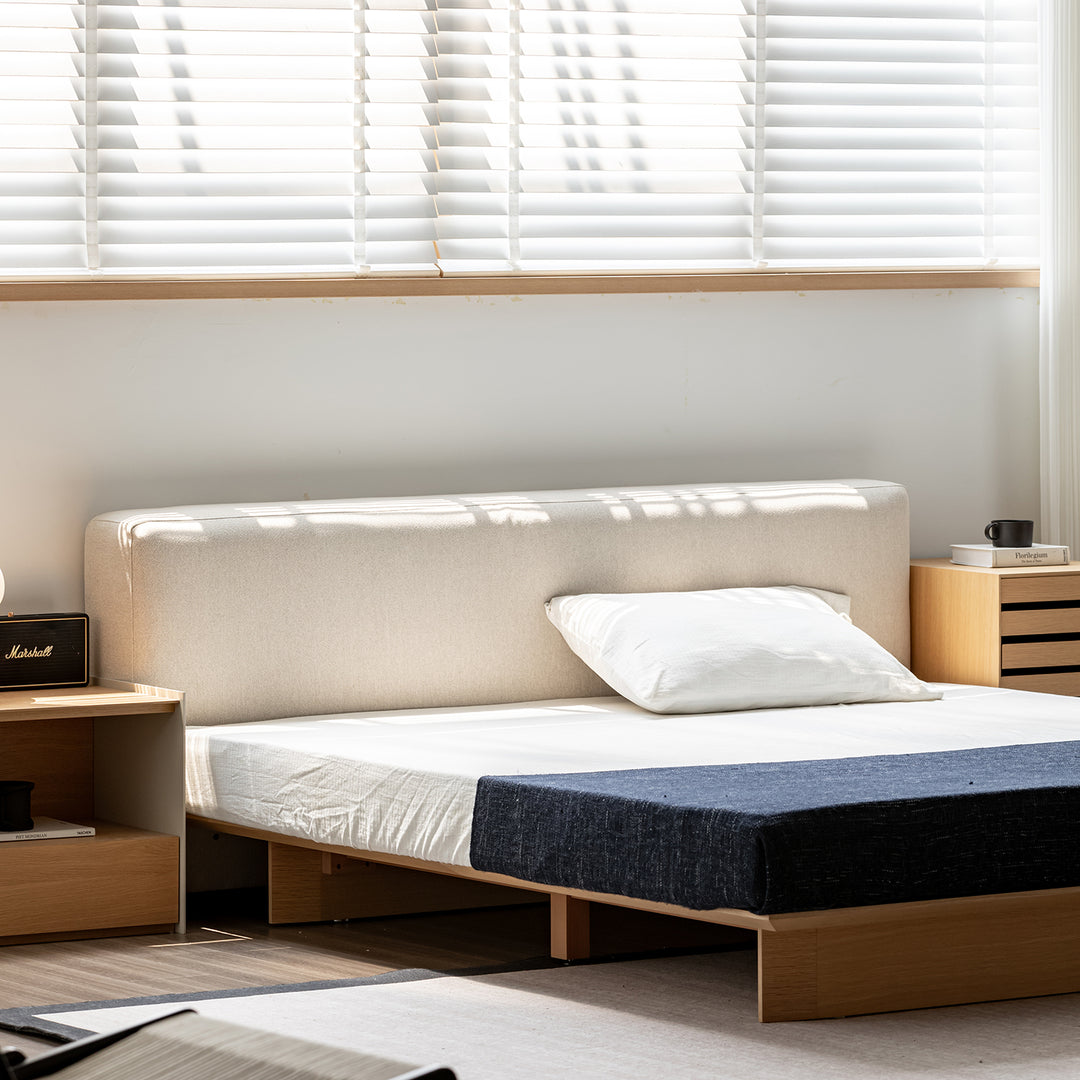 Minimalist cotton fabric ash wood veneer floating bed winter in details.