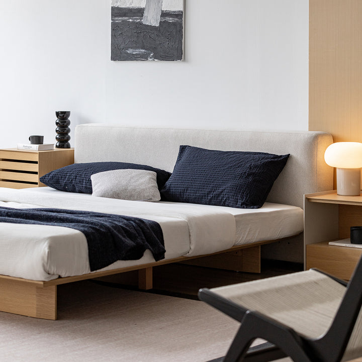 Minimalist cotton fabric ash wood veneer floating bed winter in panoramic view.