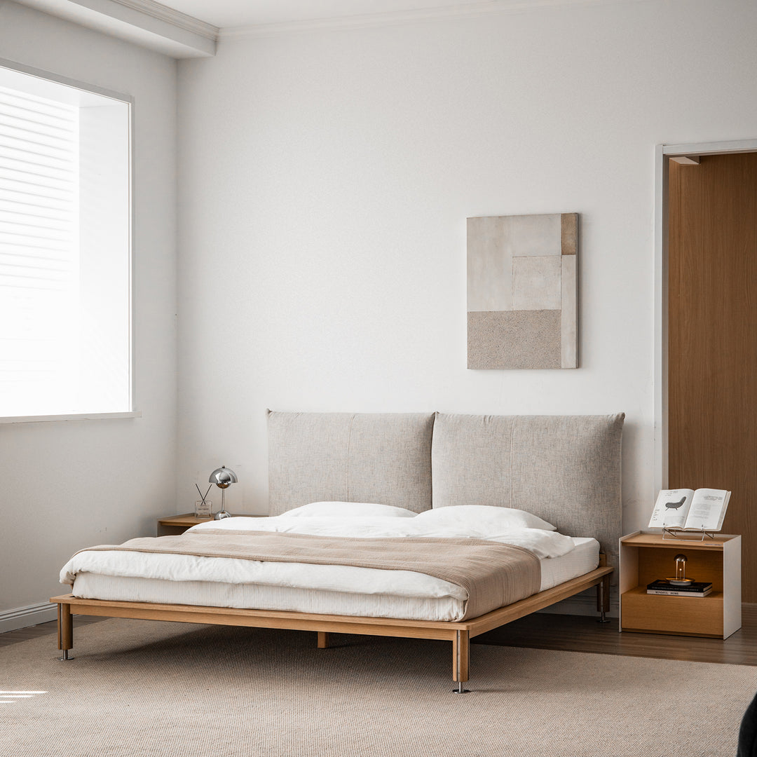 Minimalist cotton fabric oak wood bed evia primary product view.