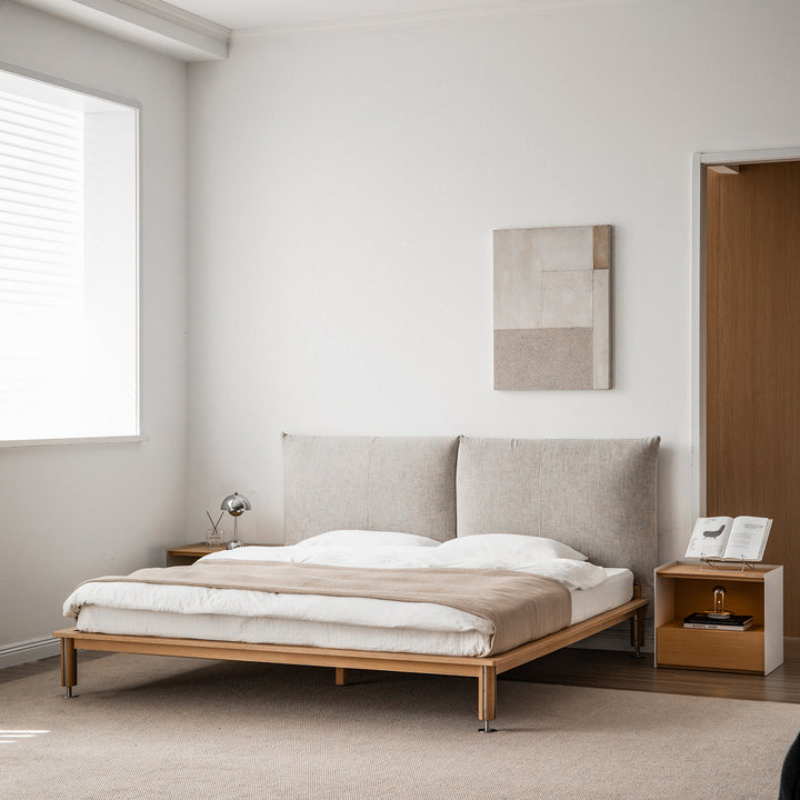 Minimalist cotton fabric oak wood bed evia primary product view.