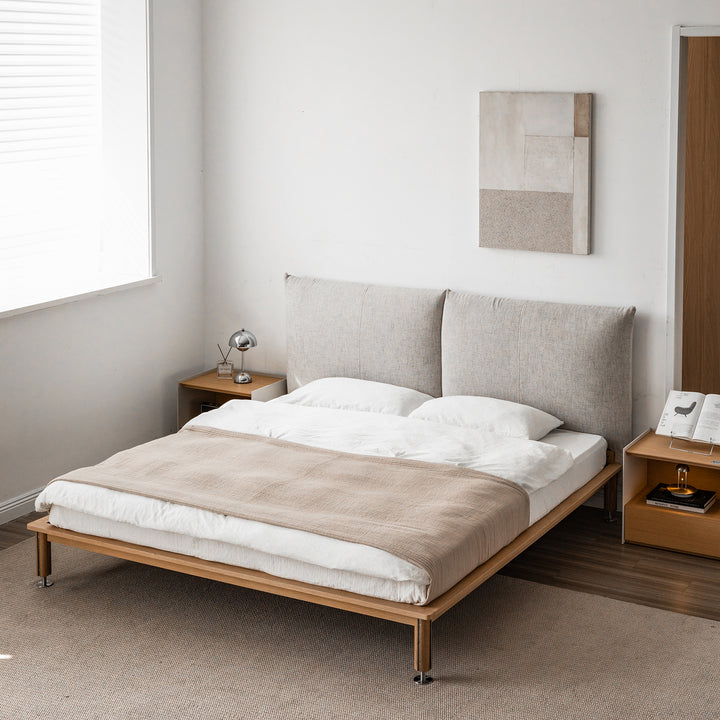 Minimalist cotton fabric oak wood bed evia color swatches.