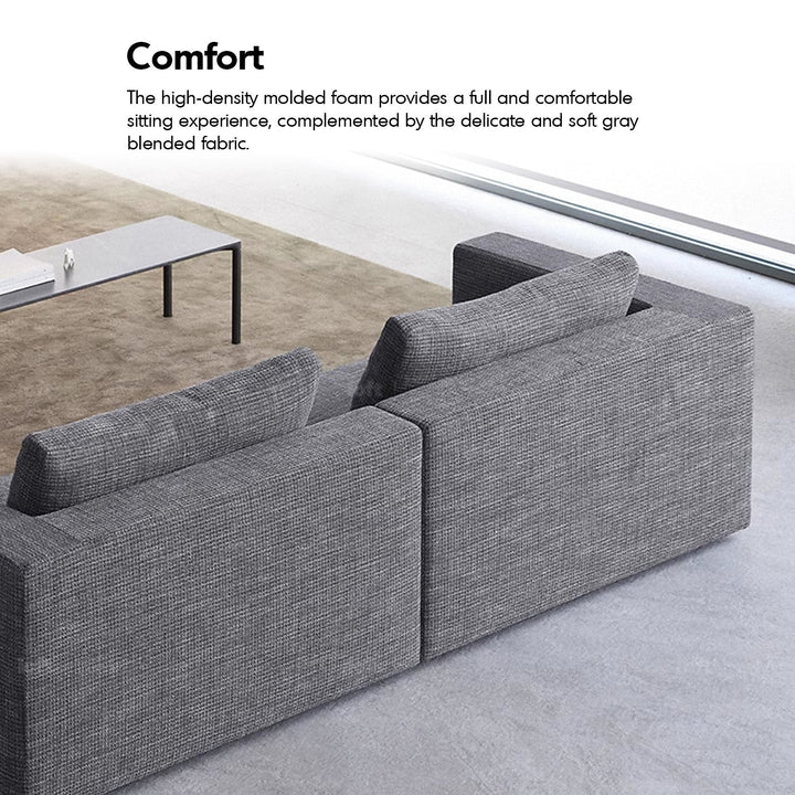 Minimalist fabric 2 seater sofa bri in close up details.