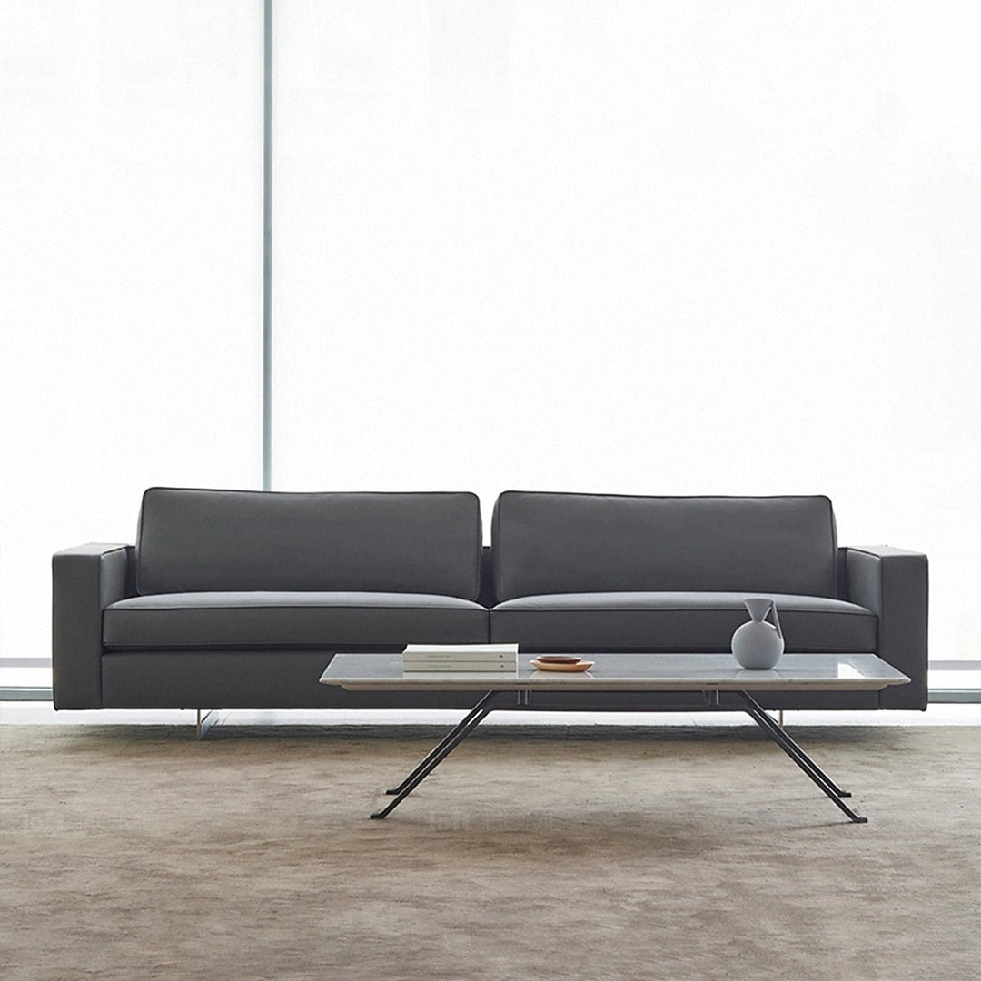 Minimalist fabric 3.5 seater sofa vemb in panoramic view.
