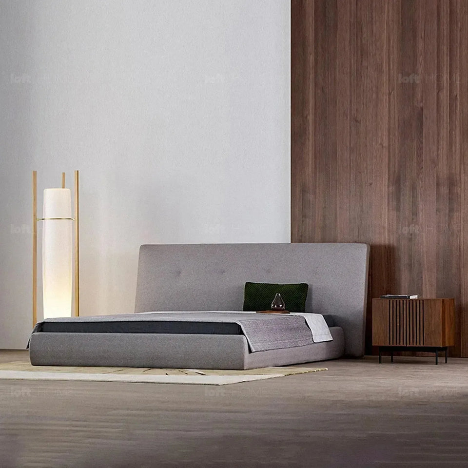 Minimalist fabric bed charles layered structure.