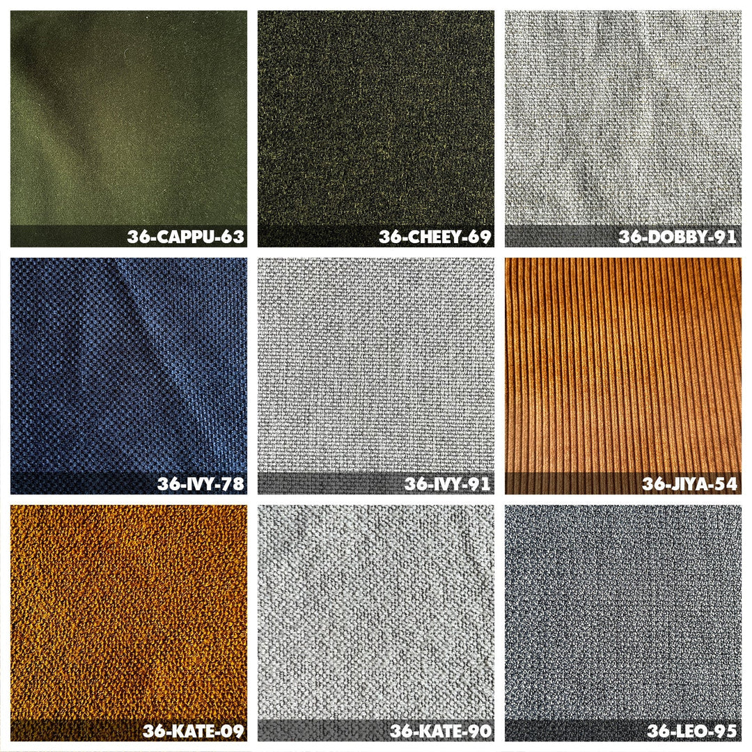 Minimalist fabric bed nor color swatches.