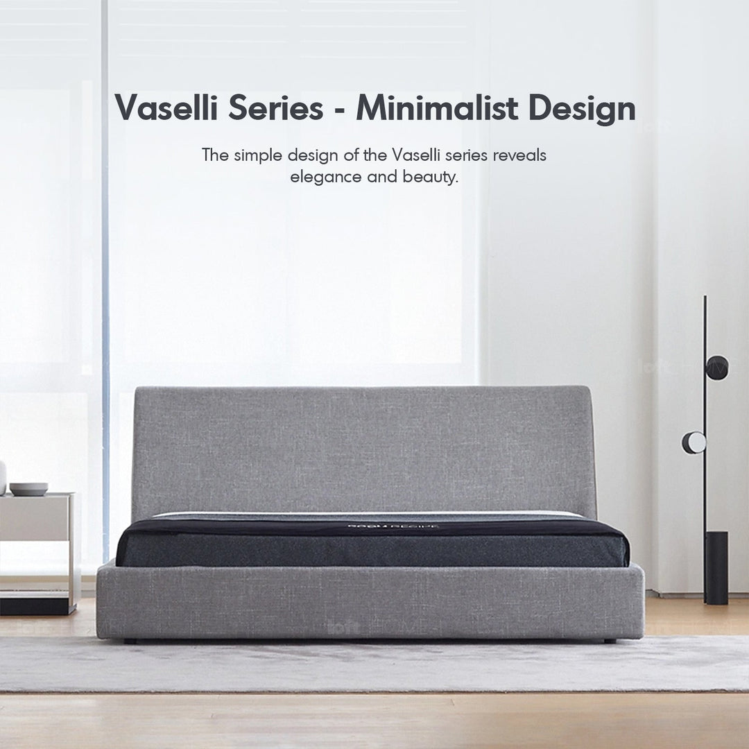 Minimalist fabric bed vaselli with context.