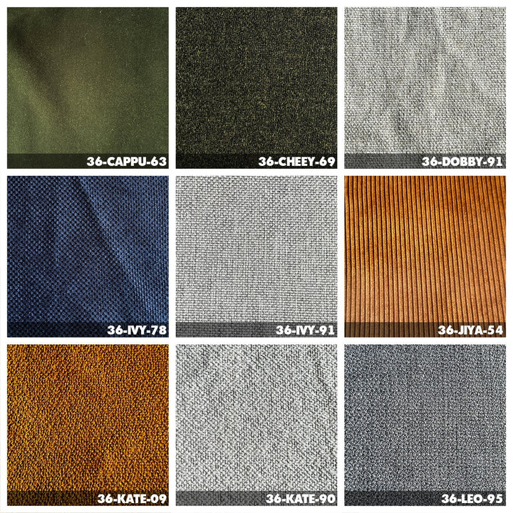 Minimalist fabric bed woods color swatches.