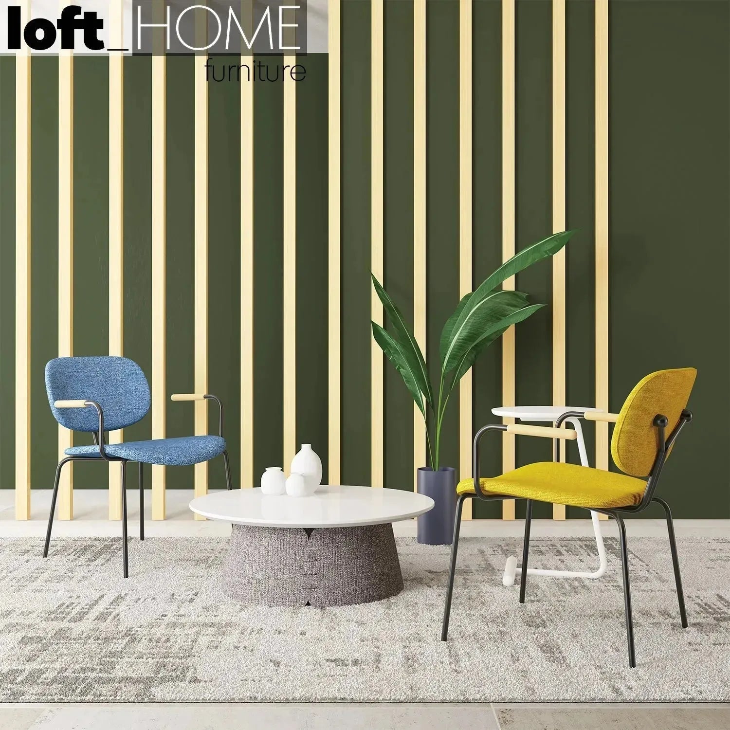 Industrial fabric dining chair et arm with context.