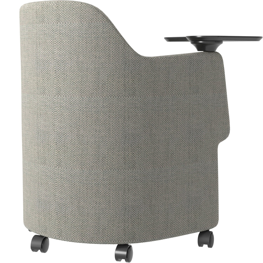 Minimalist fabric training office chair with writing board cactus in close up details.
