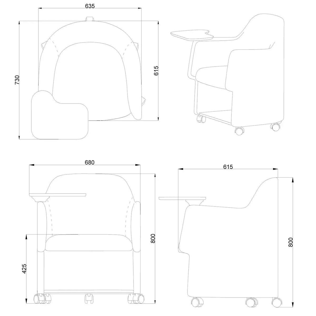 Modern fabric training office chair with writing board cactus size charts.
