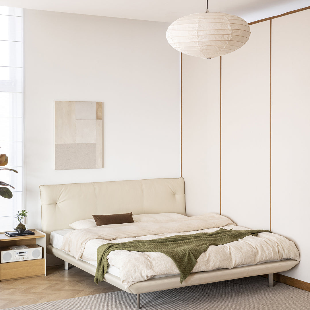 Minimalist genuine leather bed rhine in details.