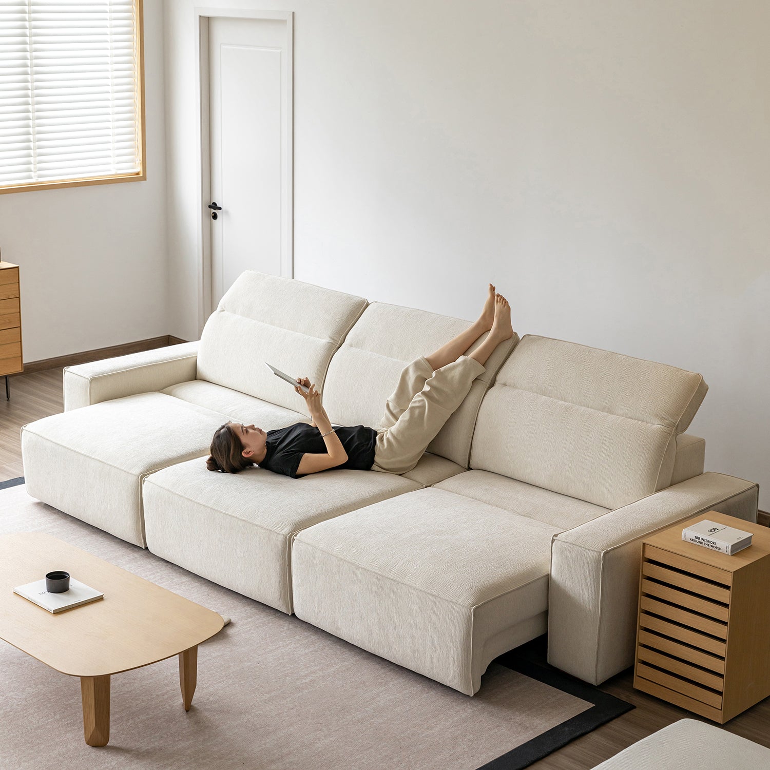 Minimalist Chenille Velvet Fabric Electric Recliner 4 Seater Sofa Bed ...