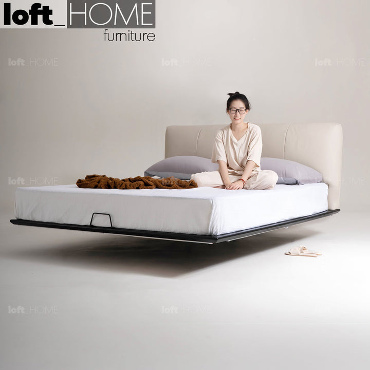 Minimalist genuine leather floating bed fides material variants.