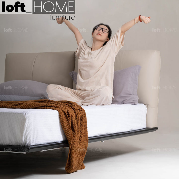 Minimalist genuine leather floating bed fides in real life style.