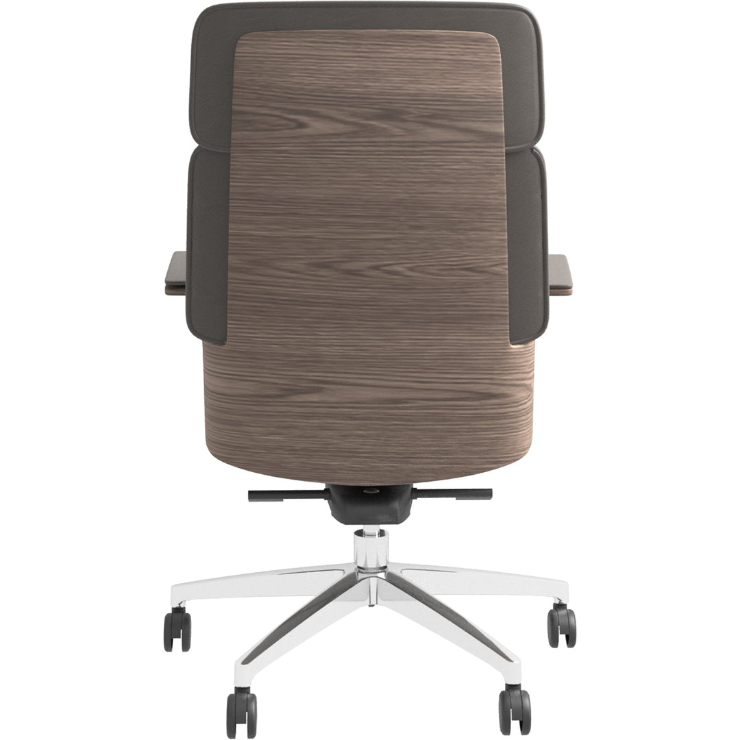 Minimalist genuine leather office chair retro high back bent plate in details.