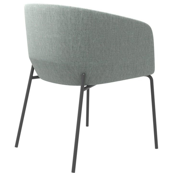 Minimalist metal fabric dining chair slicing in panoramic view.