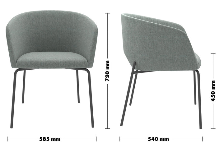 Minimalist metal fabric dining chair slicing size charts.