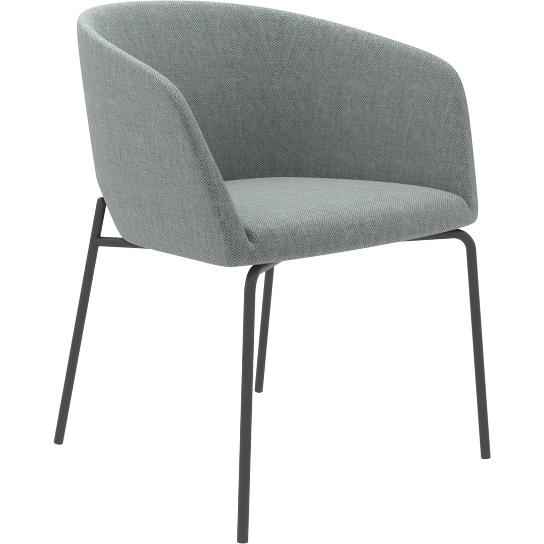 Minimalist metal fabric dining chair slicing in white background.