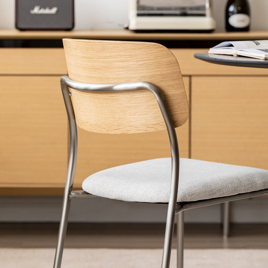 Minimalist ash wood veneer cotton fabric dining chair aeri in details.