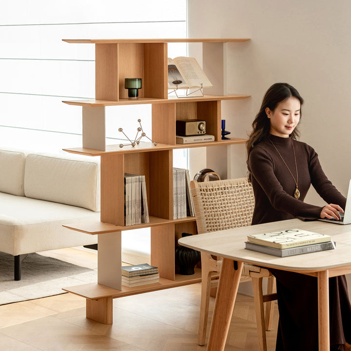 Minimalist oak wood veneer shelf berg size charts.