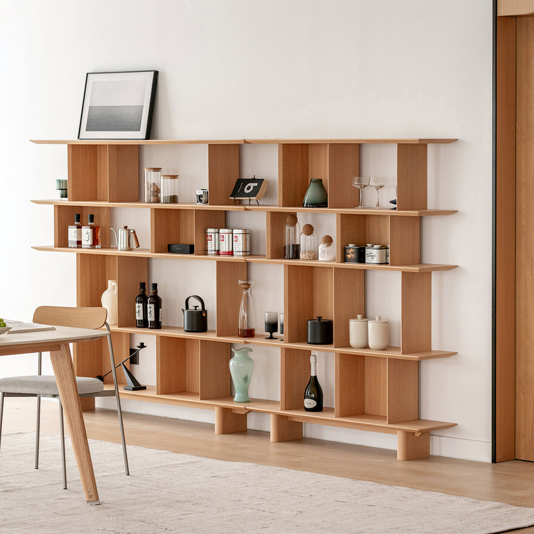 Minimalist oak wood veneer shelf berg color swatches.