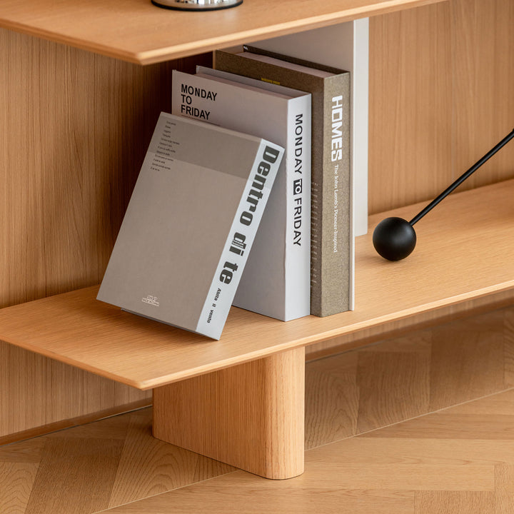 Minimalist oak wood veneer shelf berg in real life style.