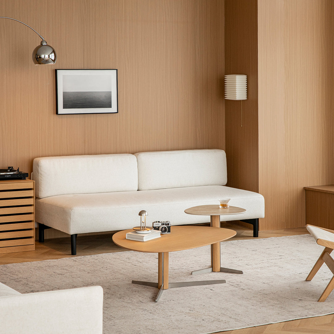 Minimalist oak wood veneer sintered stone coffee table set sol in panoramic view.