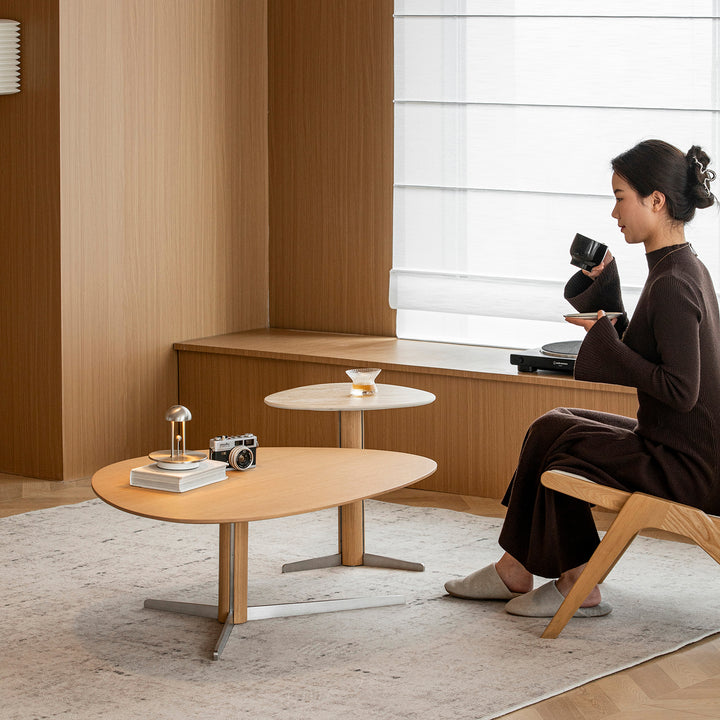 Minimalist oak wood veneer sintered stone coffee table set sol with context.