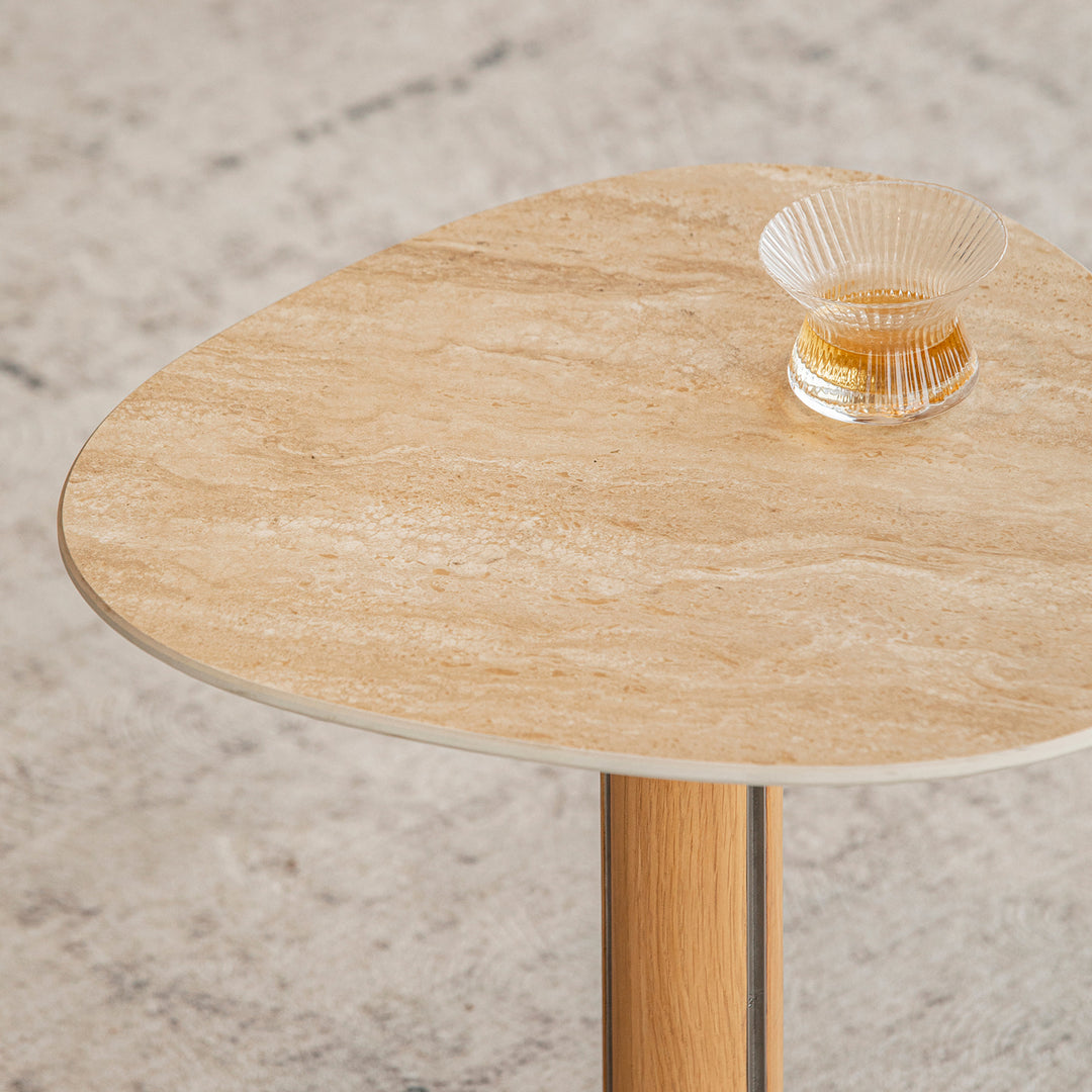 Minimalist oak wood veneer sintered stone coffee table set sol in details.