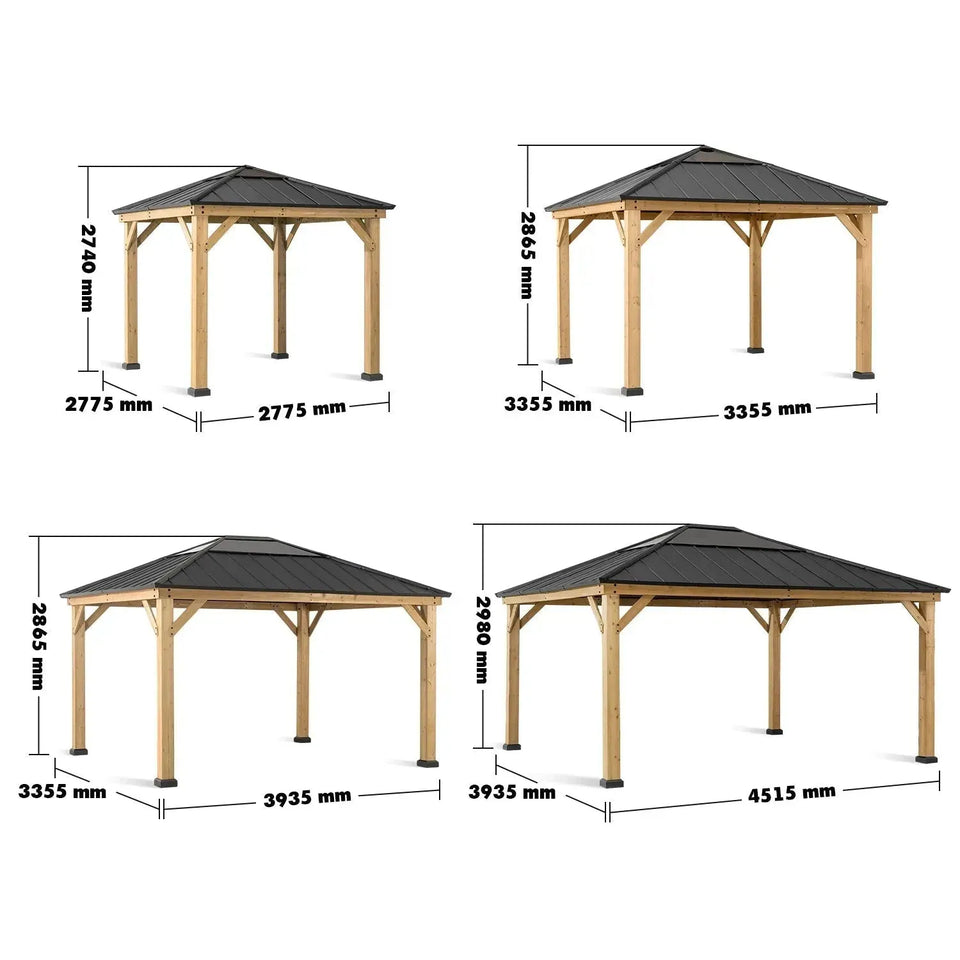 Rustic outdoor gazebo harmony size charts.