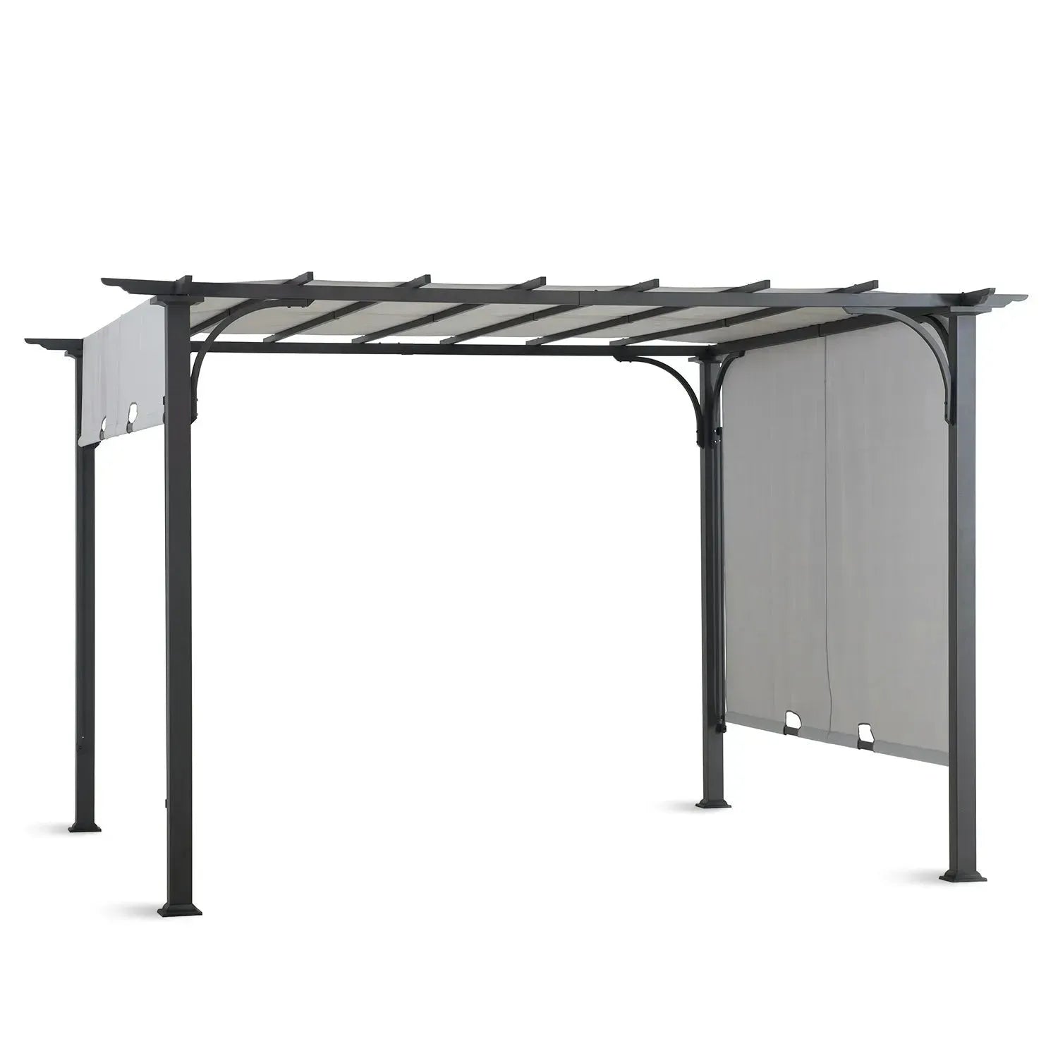 Contemporary outdoor pergola oasis in panoramic view.