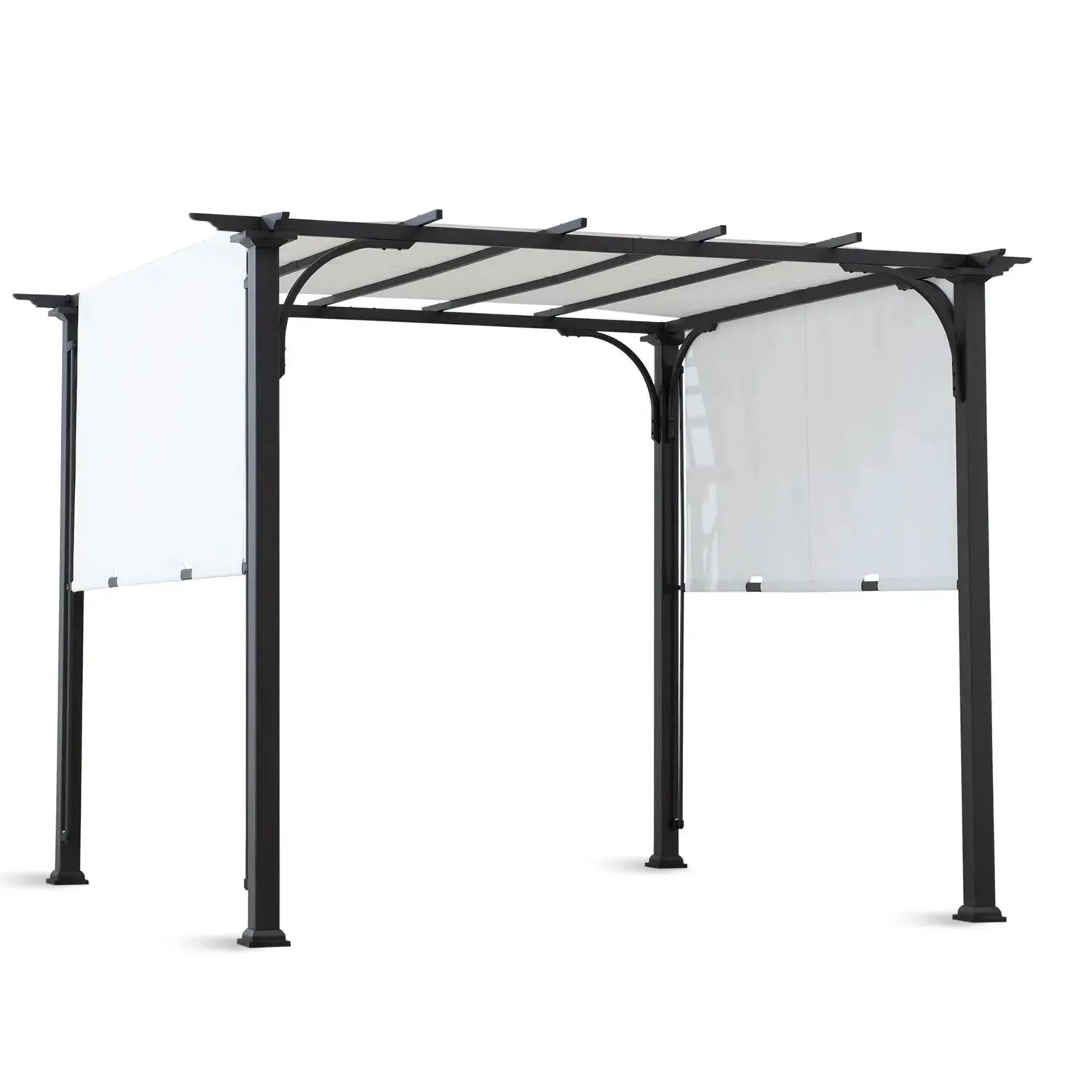 Contemporary outdoor pergola oasis in white background.