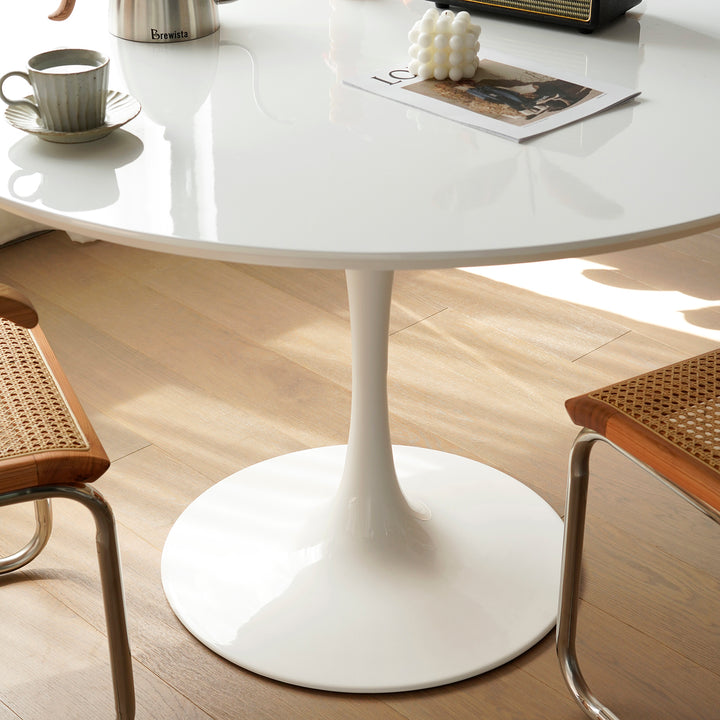 Minimalist plywood round dining table tulip in panoramic view.