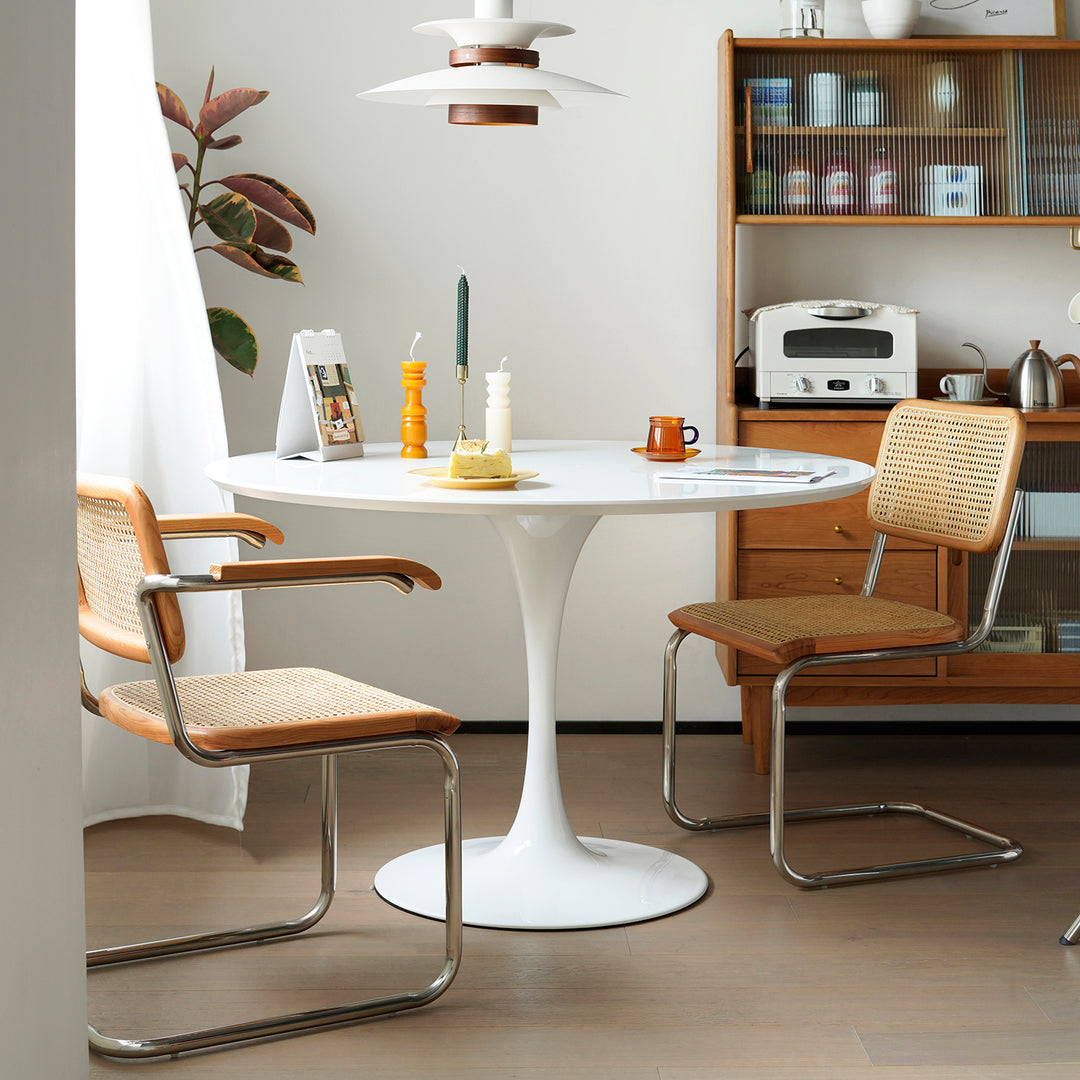 Minimalist plywood round dining table tulip color swatches.