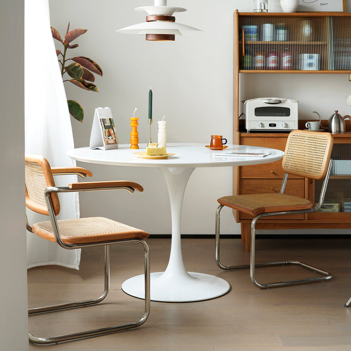 Minimalist plywood round dining table tulip color swatches.