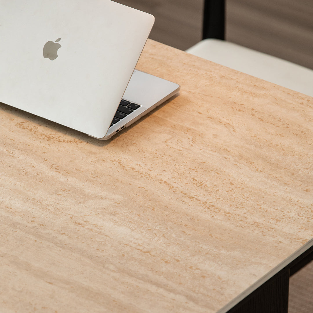 Minimalist sintered stone dining table black oslo in close up details.