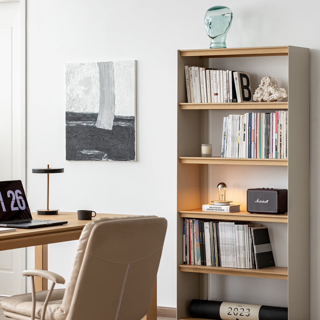 Minimalist stainless steel bookshelf aesop material variants.