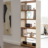 Minimalist stainless steel bookshelf aesop in details.