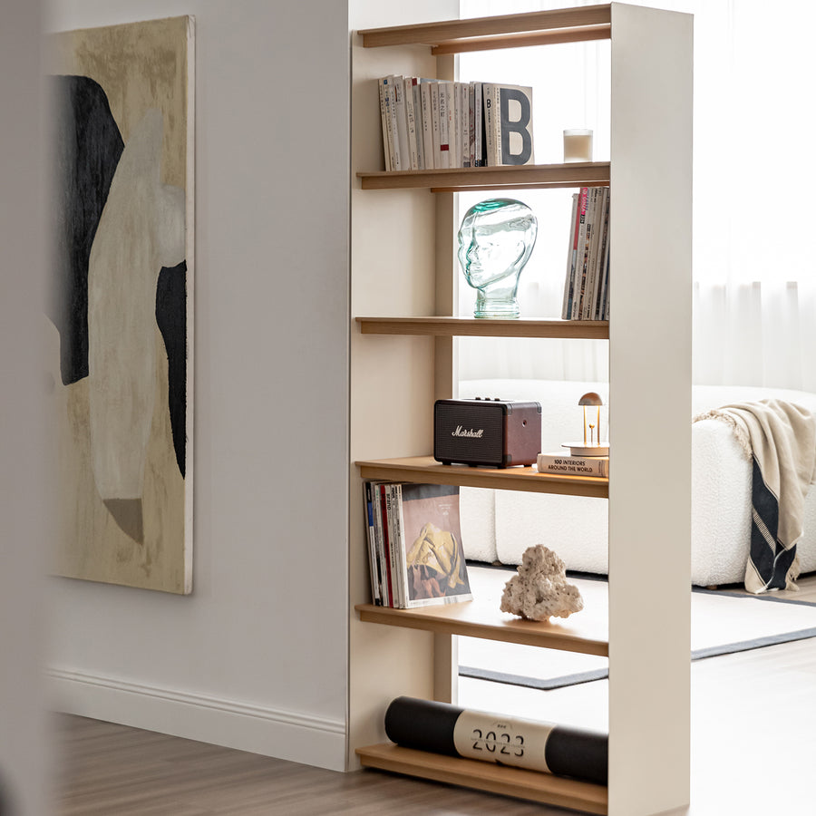 Minimalist stainless steel bookshelf aesop in details.