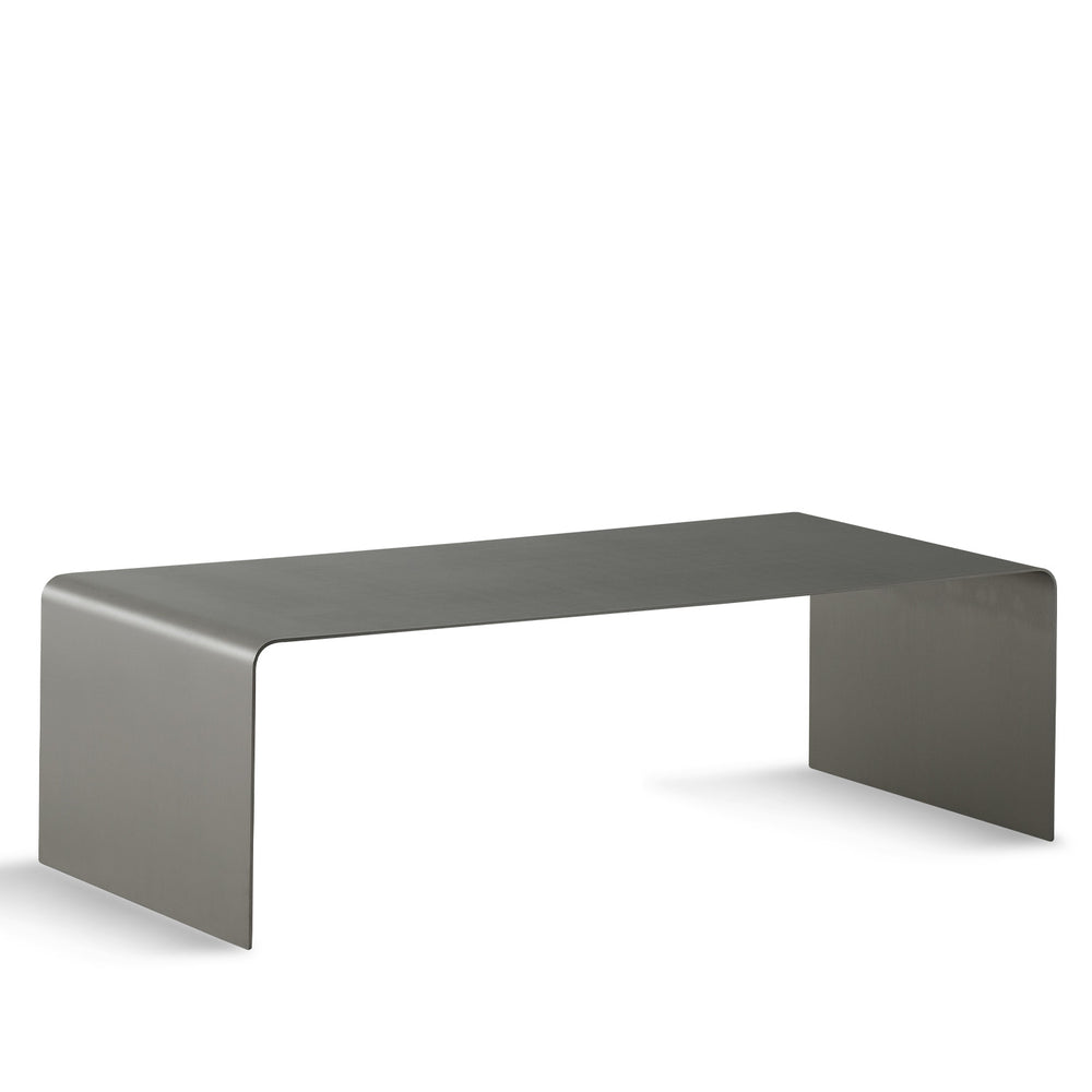 Minimalist steel coffee table arc in white background.